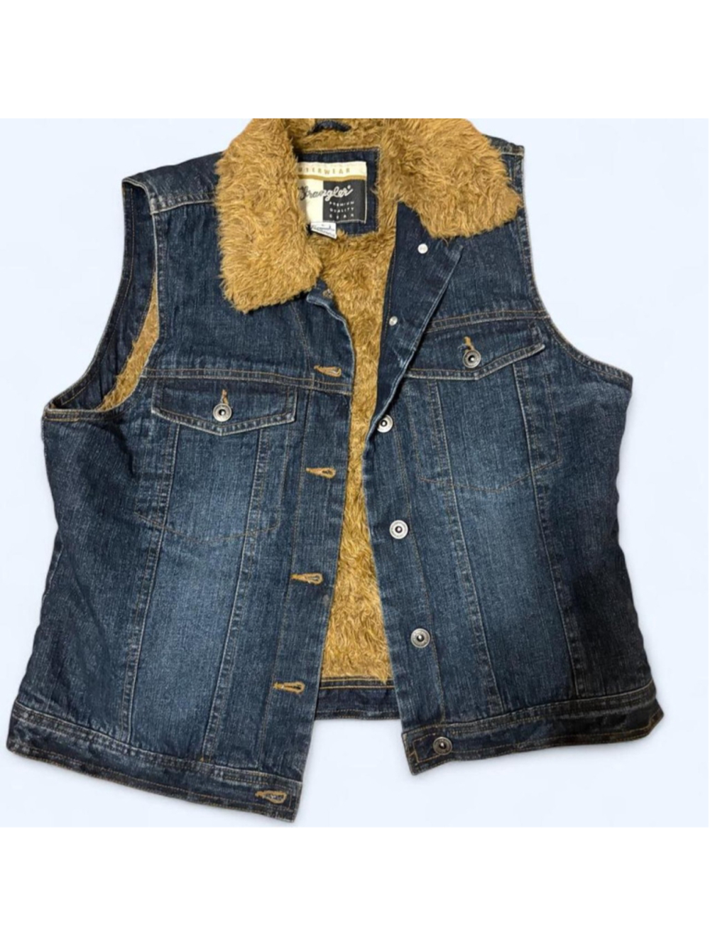 Vintage Wrangler outerwear navy blue denim vest with faux fur lining #denimvest